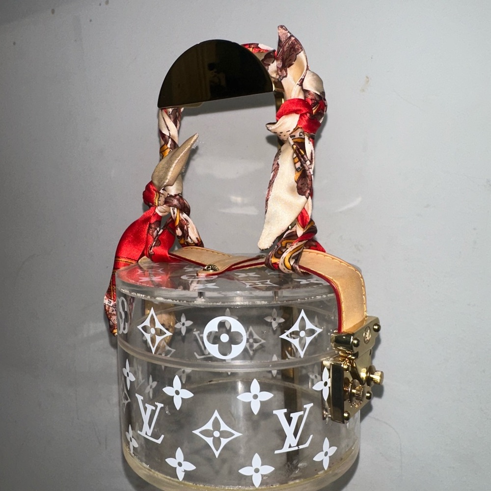 Louis Vuitton Clear Monogram Round Box Bag with Red and Tan Scarf Handle - Picture 4 of 8